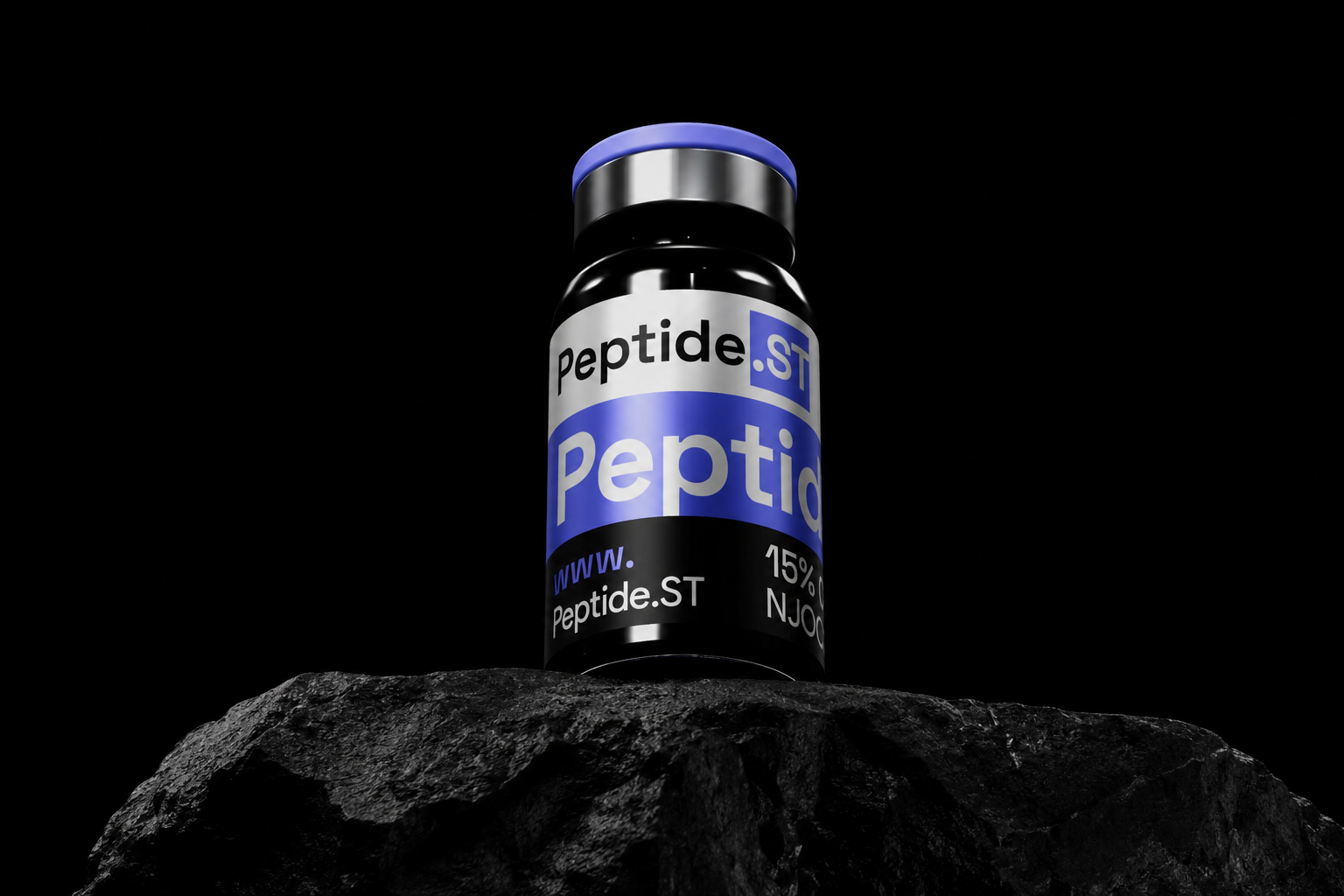 Research peptide vial on volcanic rock